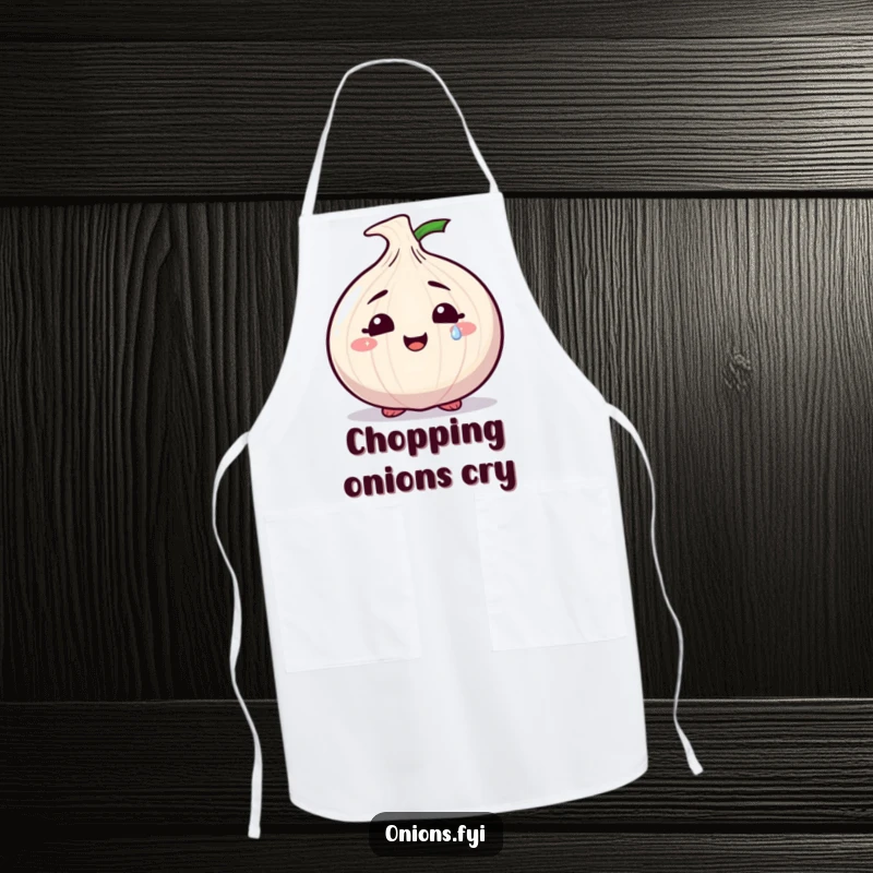 Funny apron showcasing a smiling onion character shedding a single, sparkly tear, adding emotional charm to kitchen wear.