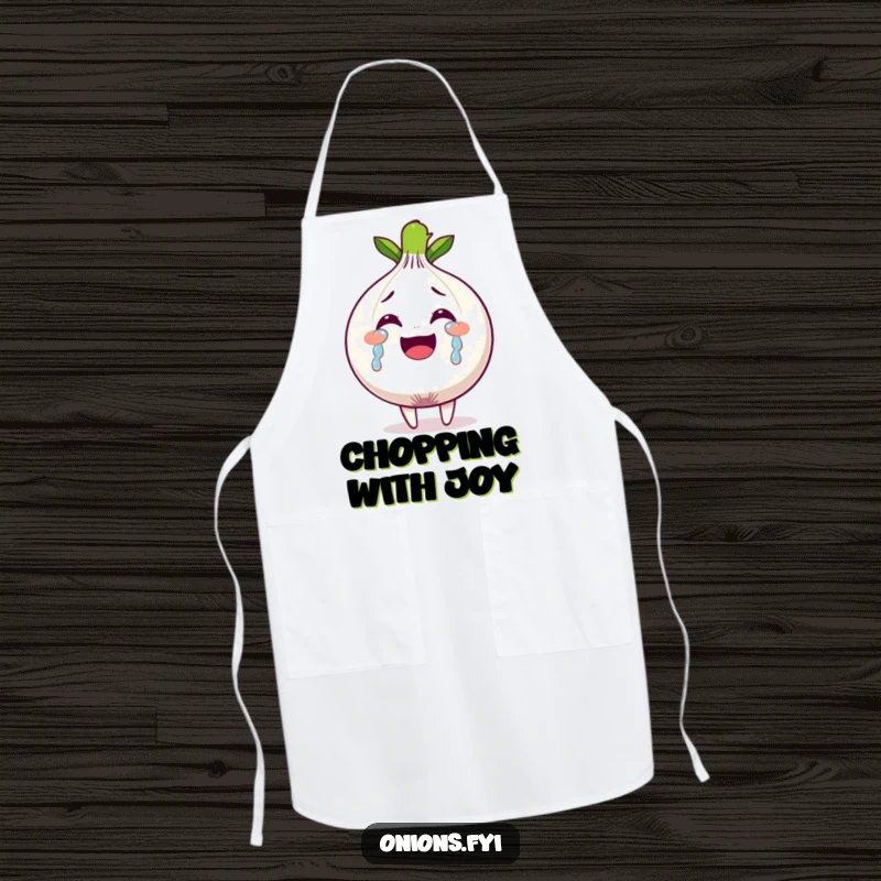 Funny apron showing an onion character crying tears of joy, ready to cook with overwhelming emotion.