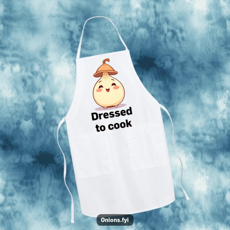 Funny Onion Apron showing a cheerful onion with a tiny hat, ready for kitchen duty with flair.