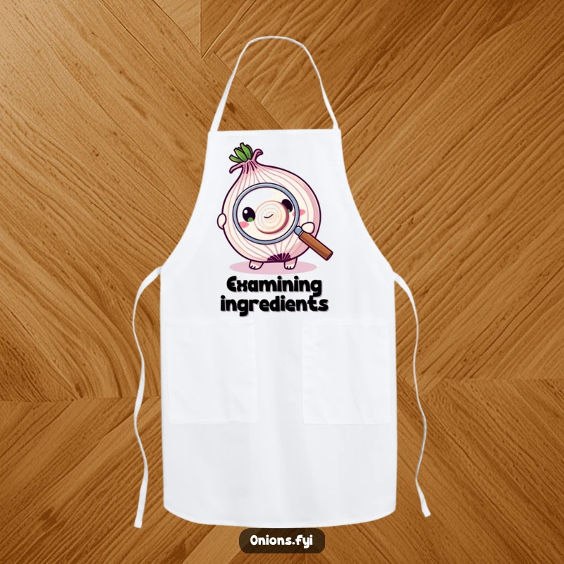 Funny apron depicting an onion character intently examining a tiny onion slice with a magnifying glass, ideal for culinary precision.