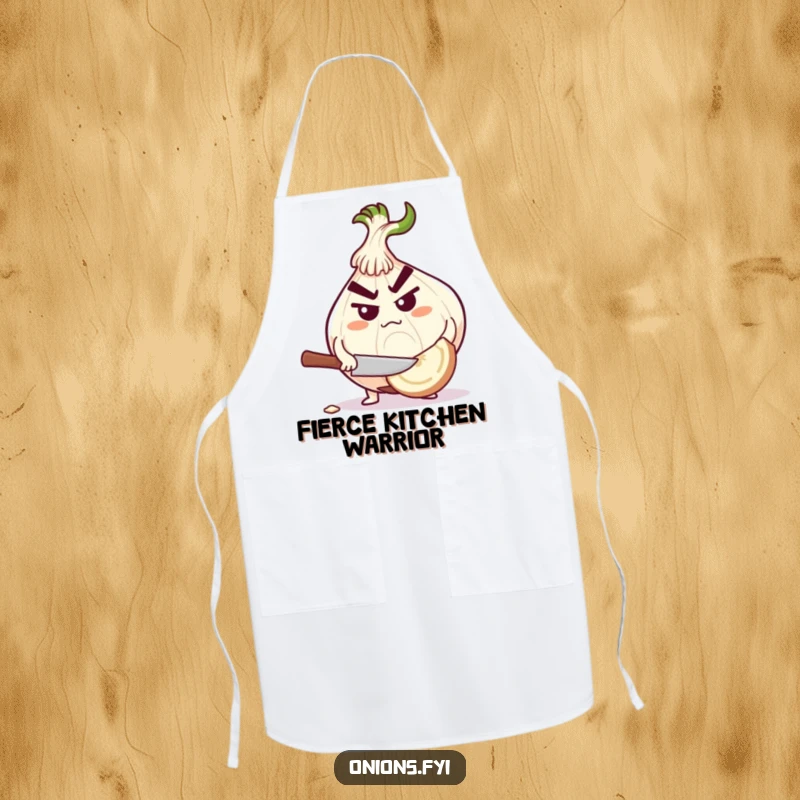Funny determined onion character powerfully chopping a giant garlic clove on a practical apron.