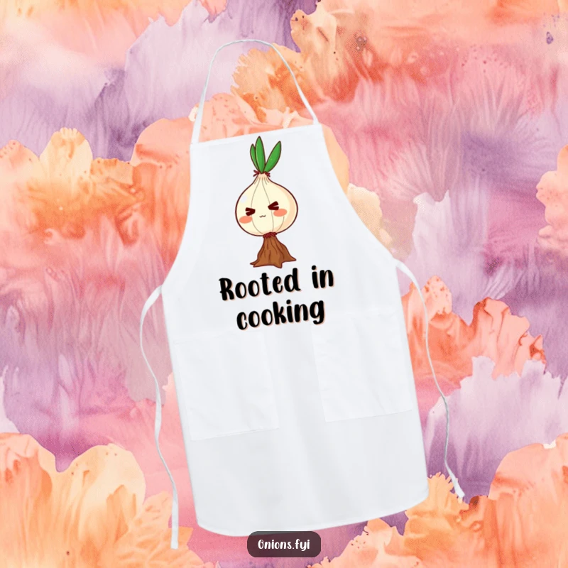 Funny apron showcasing a determined onion character balancing on one root, adding a motivational touch to kitchen wear.