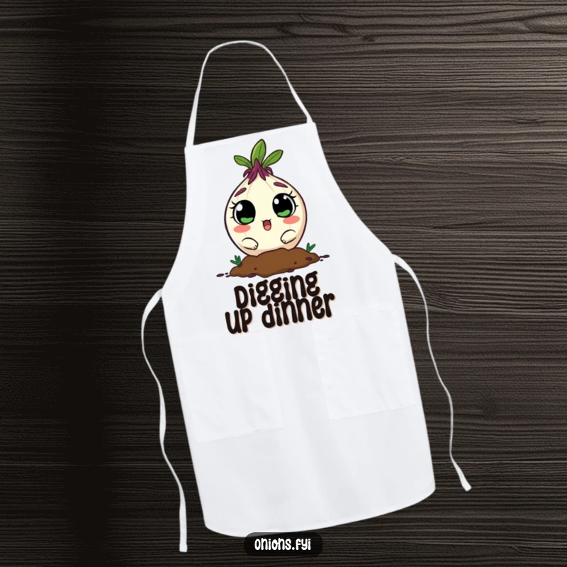 Funny onion character peeking from soil with surprised eyes, a humorous and protective apron.