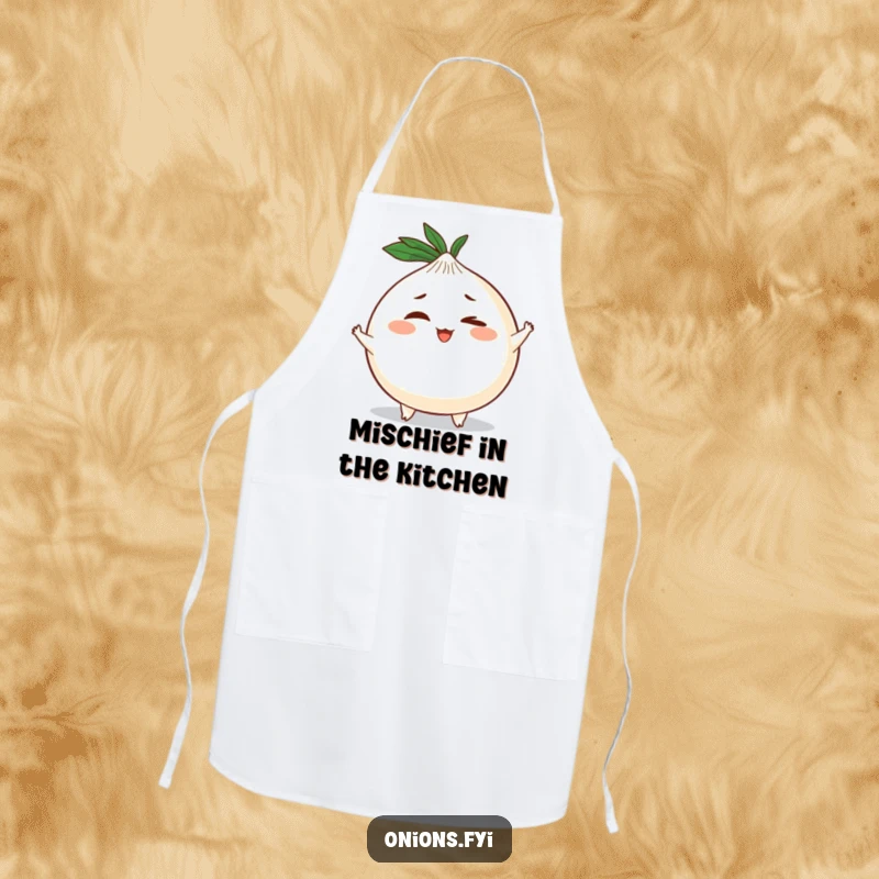 Funny apron showcasing a round onion character with tiny arms and legs, giving a mischievous wink, perfect for kitchen antics.