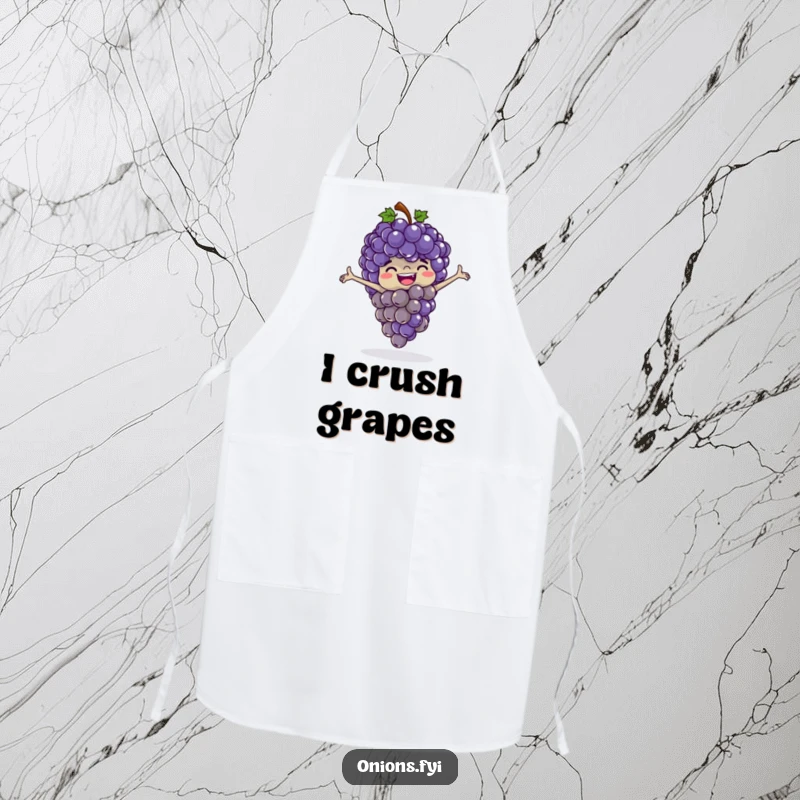 Funny grapes apron, a bunch of happy grapes playing leapfrog with outstretched arms, durable and amusing kitchen wear.