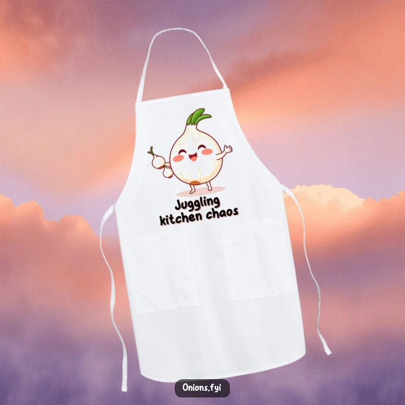 Funny apron showcasing a kawaii onion with tiny feet, juggling three tiny onions, ready for kitchen tasks with a humorous flair.