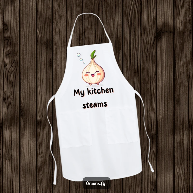 Funny Onion Apron showing a happy onion enthusiastically blowing a stream of tiny bubbles, ideal for cooking.