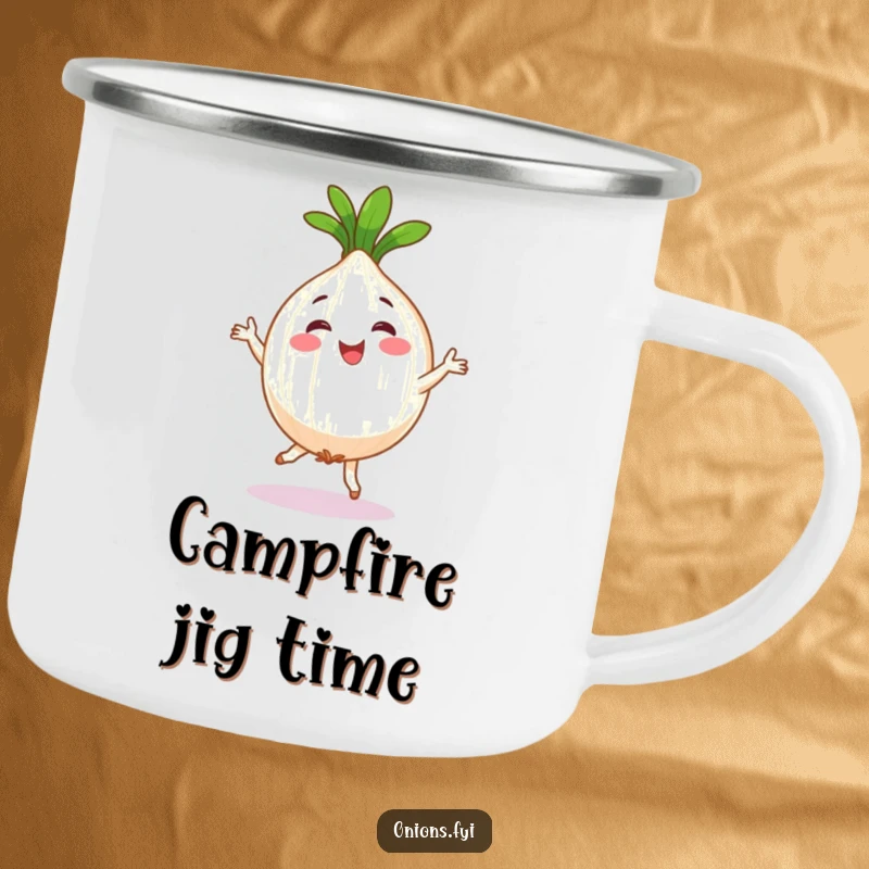 Funny camping mug featuring a happy onion character doing a silly jig, for outdoor enthusiasts who love veggie humor.