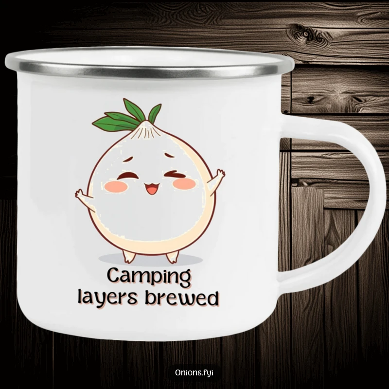 Funny camping mug with a round onion character, tiny arms and legs, and a mischievous wink, built for outdoor fun.