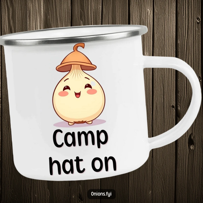 Funny Onion Camping Mug with a cheerful onion wearing a tiny hat, great for drinking outdoors.