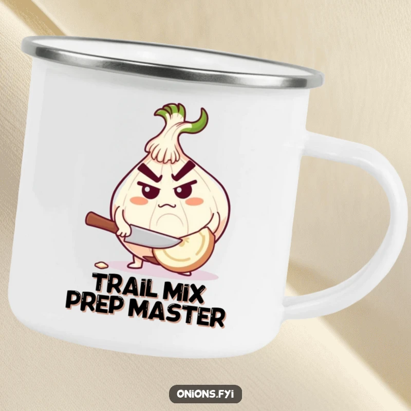 Funny determined onion character chopping a giant garlic clove on a rugged camping mug.