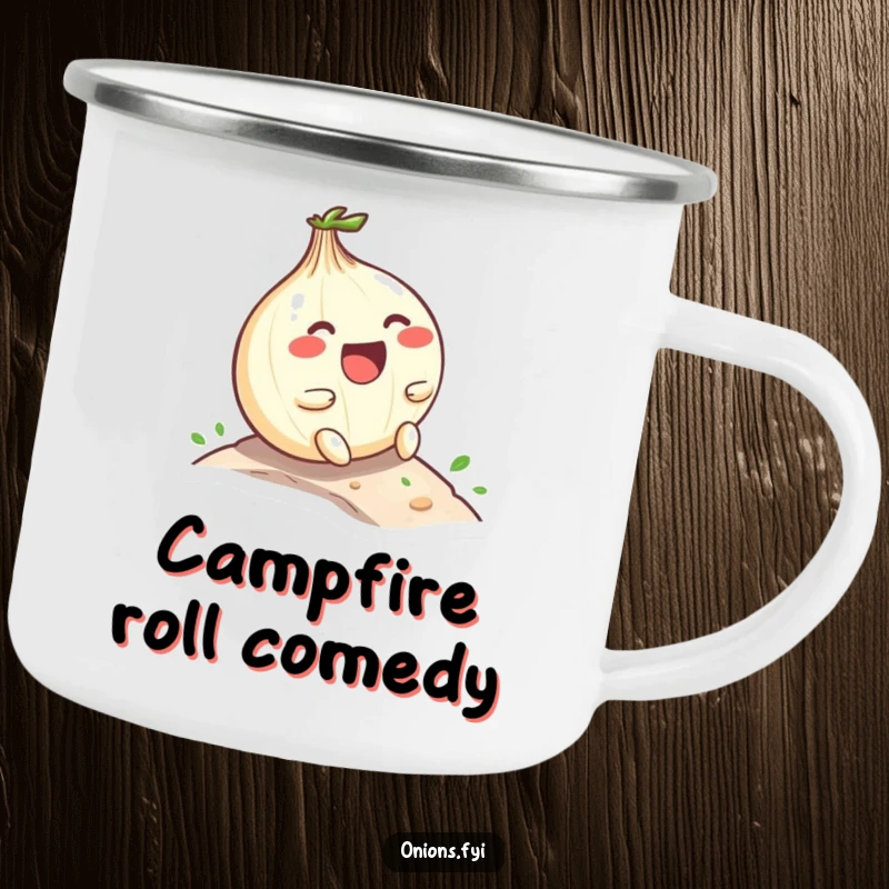 Funny Kawaii onion character laughing while rolling down a hill, enamel camping mug with joyful and humorous theme, great for outdoors.