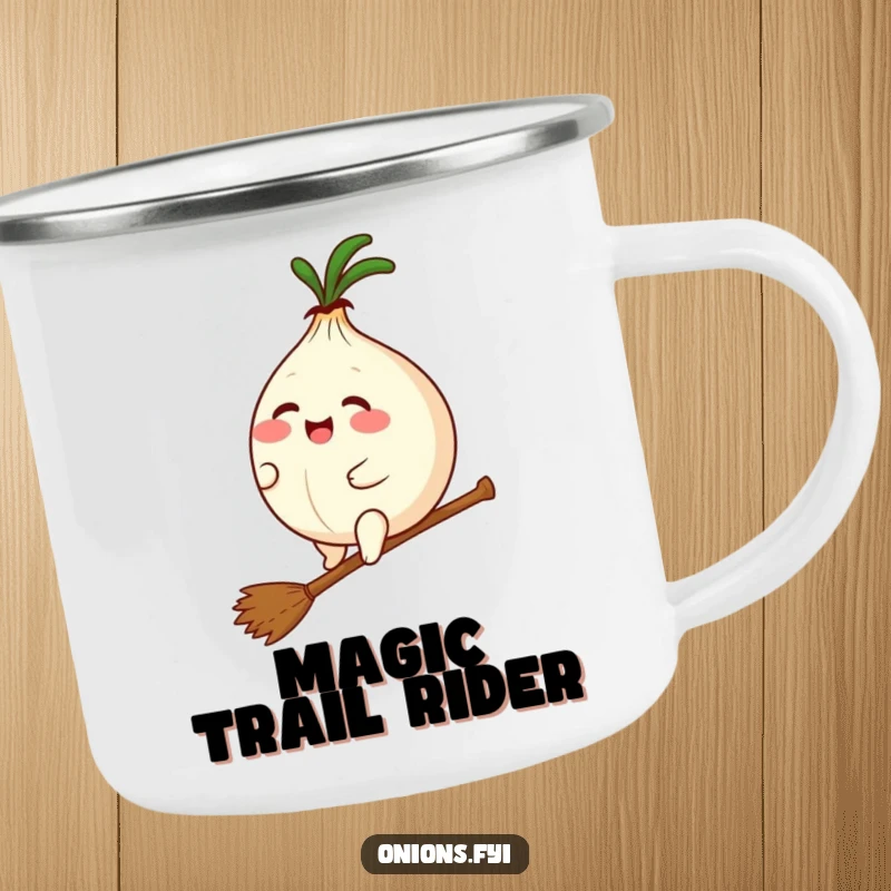 Funny camping mug with a plump kawaii onion giggling on a tiny broomstick, designed for outdoor enjoyment and spirited, humorous moments.