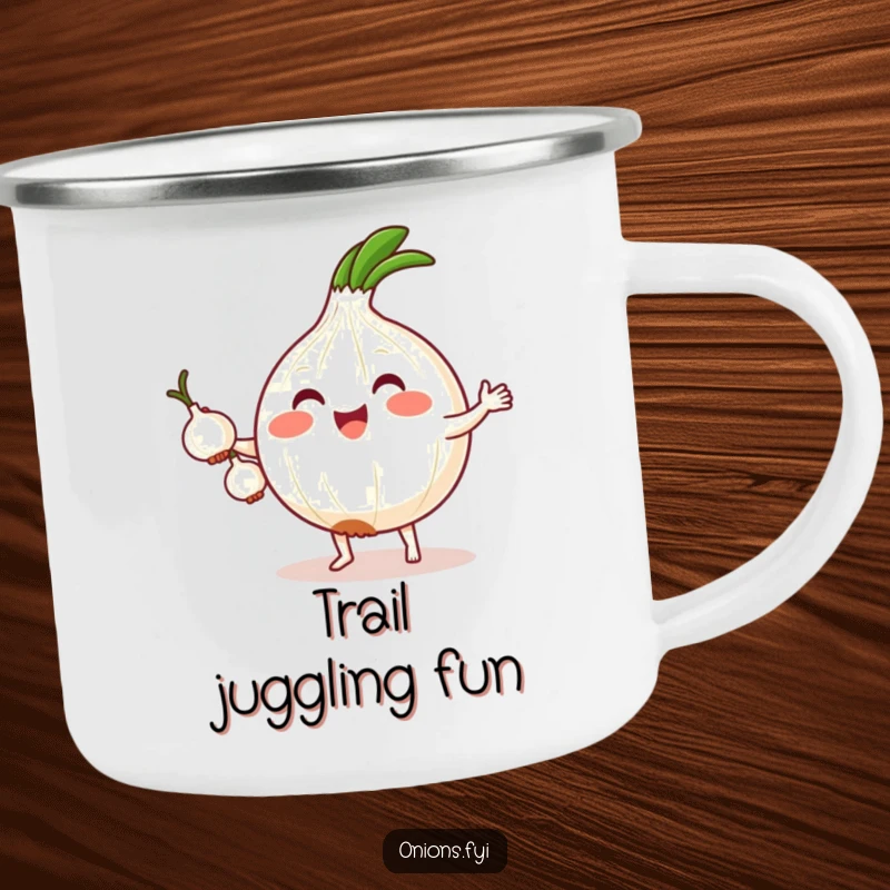Funny camping mug with a kawaii onion on tiny feet, juggling three small onions, ready for outdoor enjoyment and lighthearted moments.