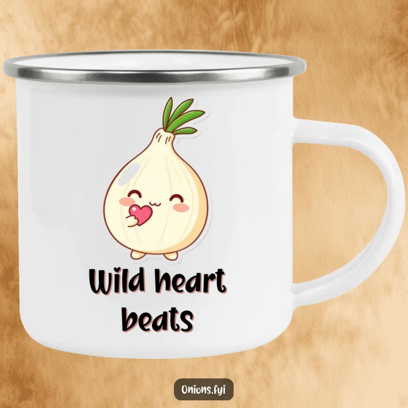 Funny Kawaii onion character holding a tiny heart above its head with affection, enamel camping mug with cute and loving theme, great for outdoors.