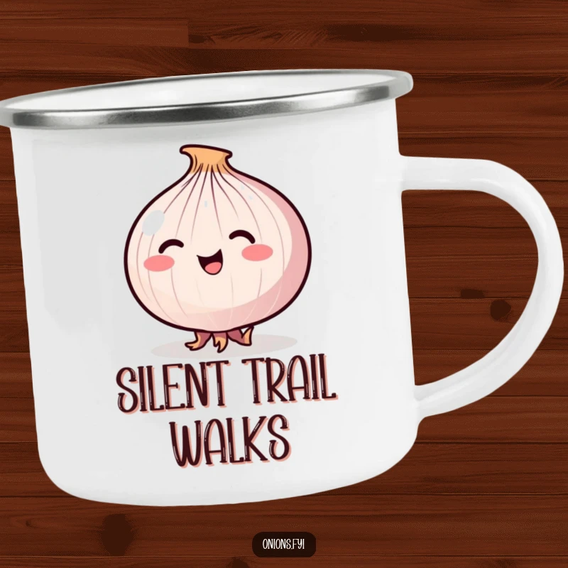 Funny Stealthy Onion Camping Mug with a happy onion tiptoeing stealthily on its roots, for outdoor use.