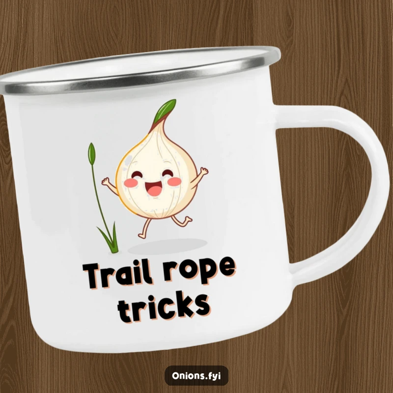 Funny Kawaii Onion Camping Mug with an excited onion jump-roping with a blade of grass, for outdoor use.