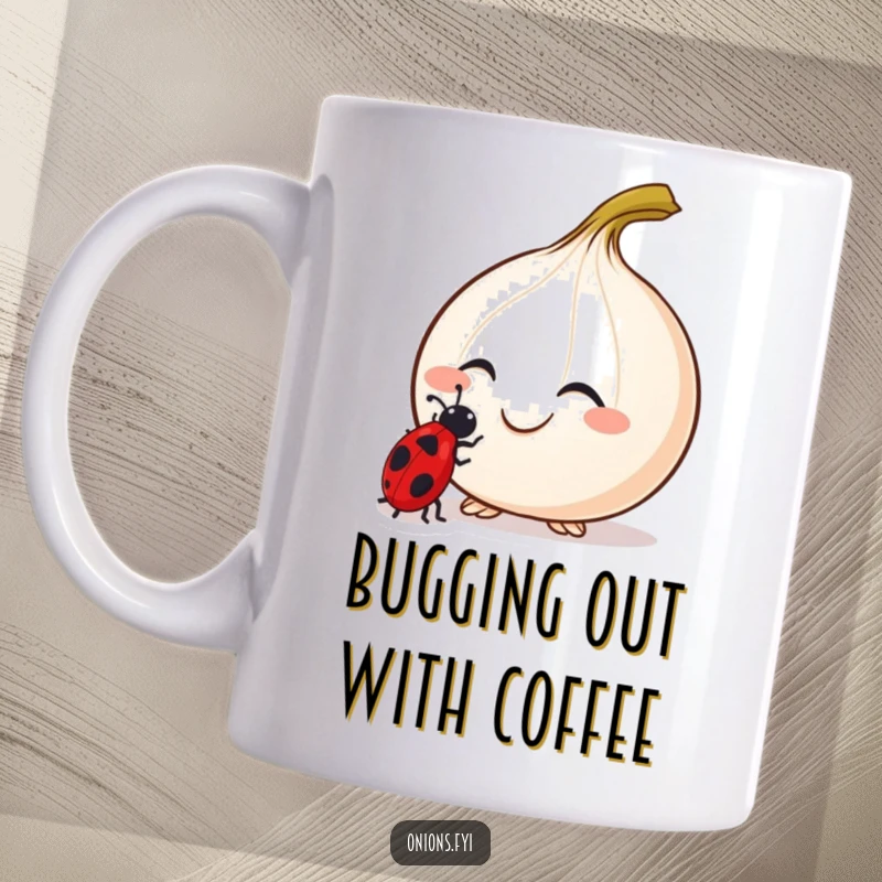 Funny Curious Onion Mug with a smiling onion and two tiny antennae curiously examining a ladybug.