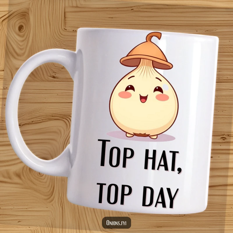 Funny Onion Mug with a cheerful onion balancing a tiny, jaunty hat on its round head, looking dapper.