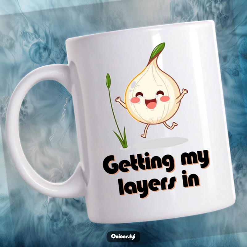 Funny Kawaii Onion Mug showing an excited, cute onion jumping rope with a blade of grass.