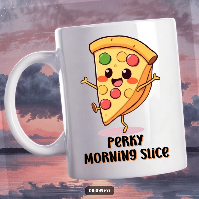 Funny pizza mug, a smiling slice of pizza with tiny legs performing a dynamic cartwheel, energetic and humorous.