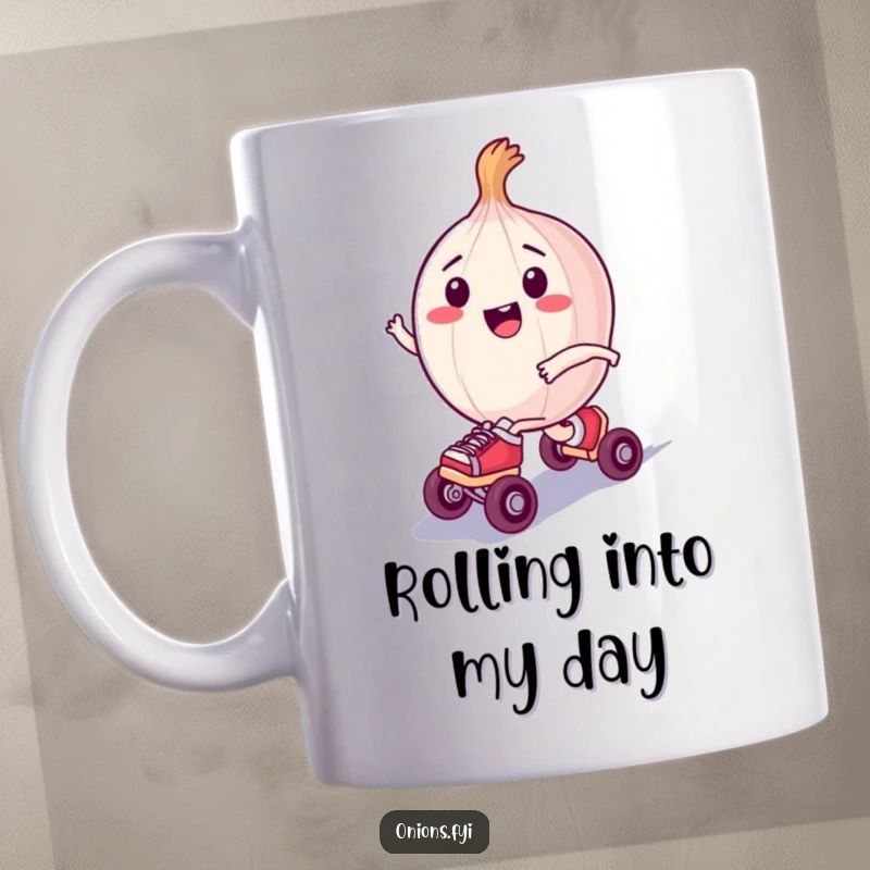 Funny mug with a happy onion character wearing tiny roller skates, zooming joyfully with speed lines.