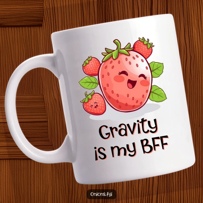 Funny mug featuring a cheerful strawberry gleefully rolling downhill, embracing pure delight and adventure. Perfect gift.