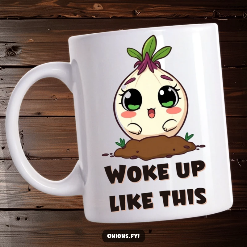 Funny onion character with wide, surprised eyes, peeking comically from dark soil, a humorous mug.