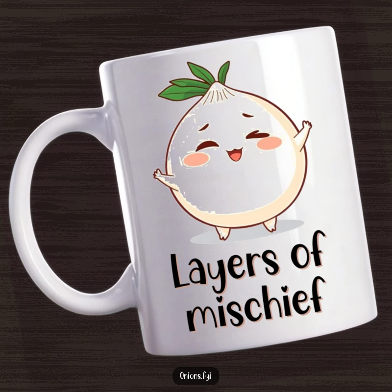 Funny mug featuring a plump, round onion character with tiny limbs, giving a mischievous wink, perfect for a playful personality.