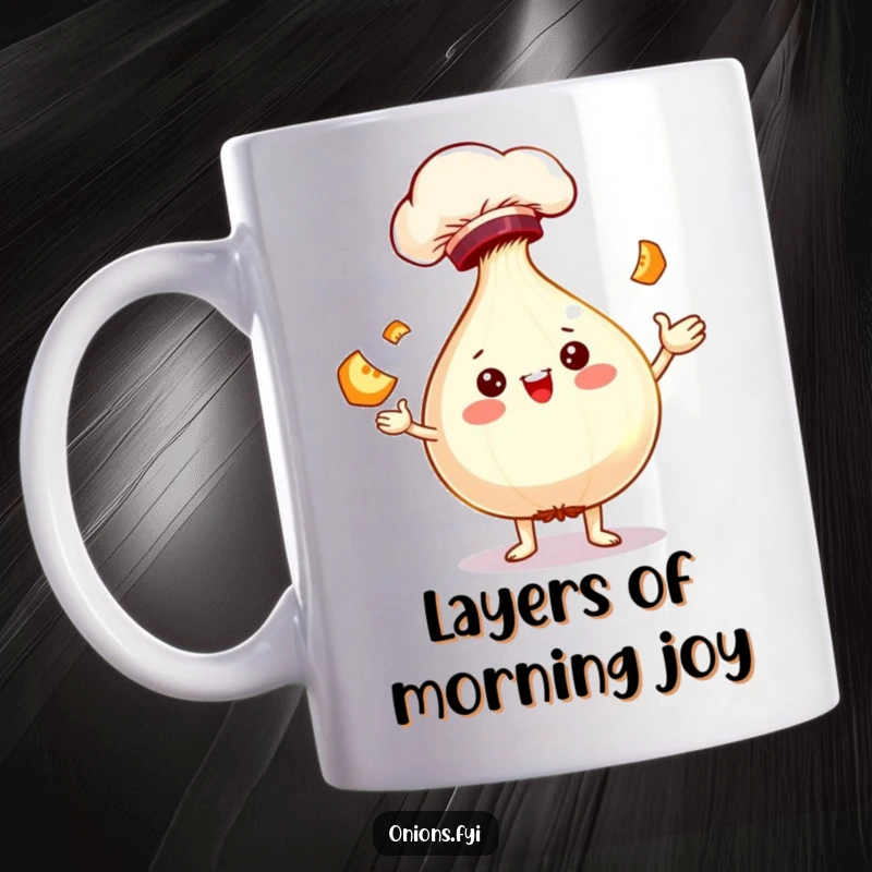 Funny chef onion character in a hat, cheerfully juggling tiny onion slices, bringing smiles to any kitchen.