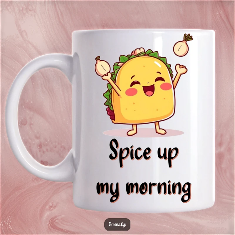 Funny taco mug, a jubilant taco with tiny arms enthusiastically juggling three small onions, festive and comical.