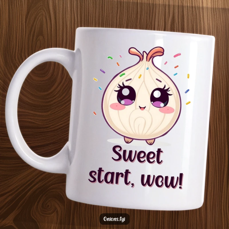 Funny onion character with wide eyes, delighted by a shower of colorful rainbow sprinkles, a joyful design.