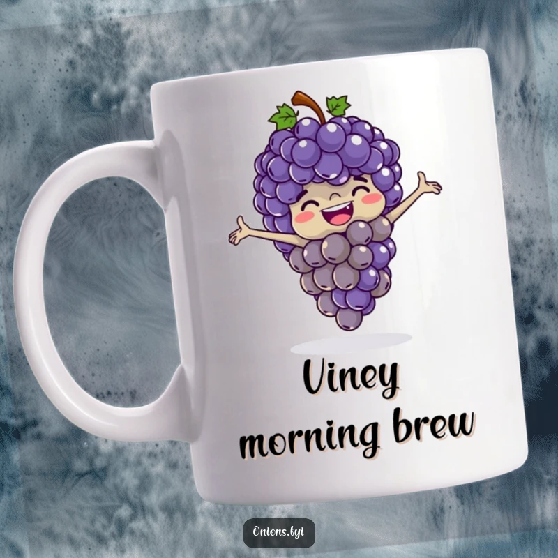 Funny grapes mug, a bunch of happy grapes playing leapfrog with outstretched arms, cheerful and whimsical.