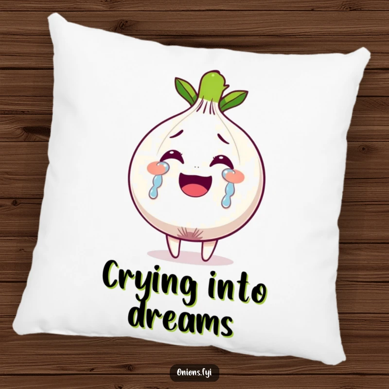 Funny pillow with an onion character crying tears of joy, adding comfort and emotional humor to decor.