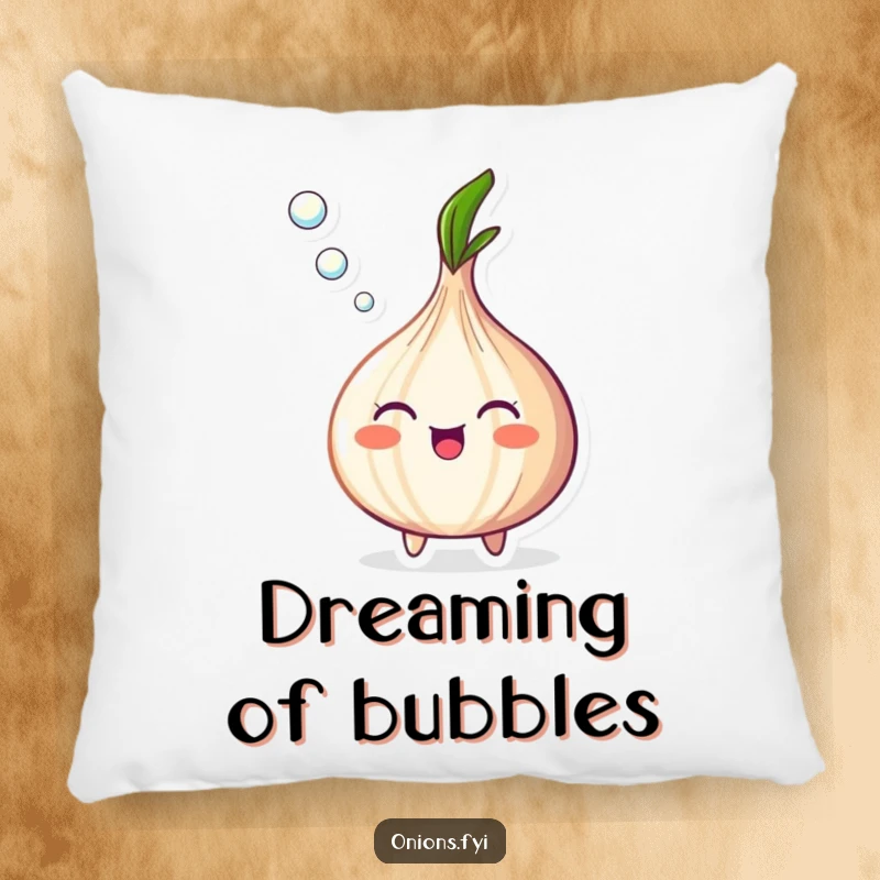 Funny Onion Pillow with a happy onion happily blowing a stream of tiny bubbles, adding comfort and humor.