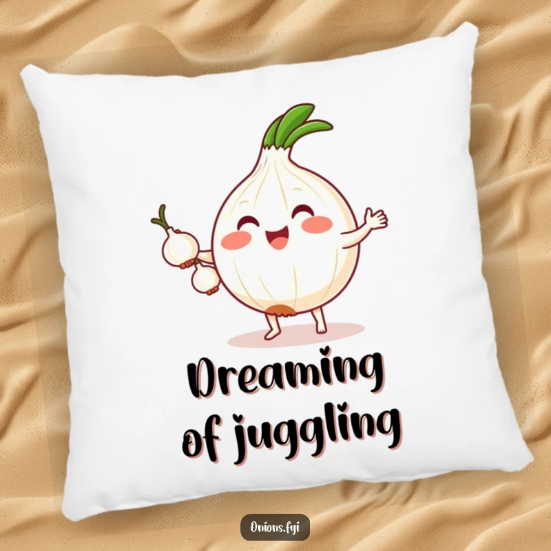 Funny pillow featuring a cute kawaii onion with tiny feet, hilariously juggling three small onions, designed for comfort and amusement.