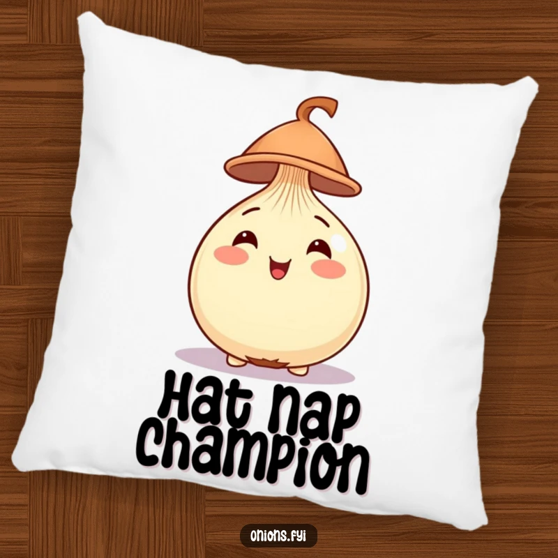 Funny Onion Pillow featuring a cheerful onion with a small hat on its head, providing cozy humor.