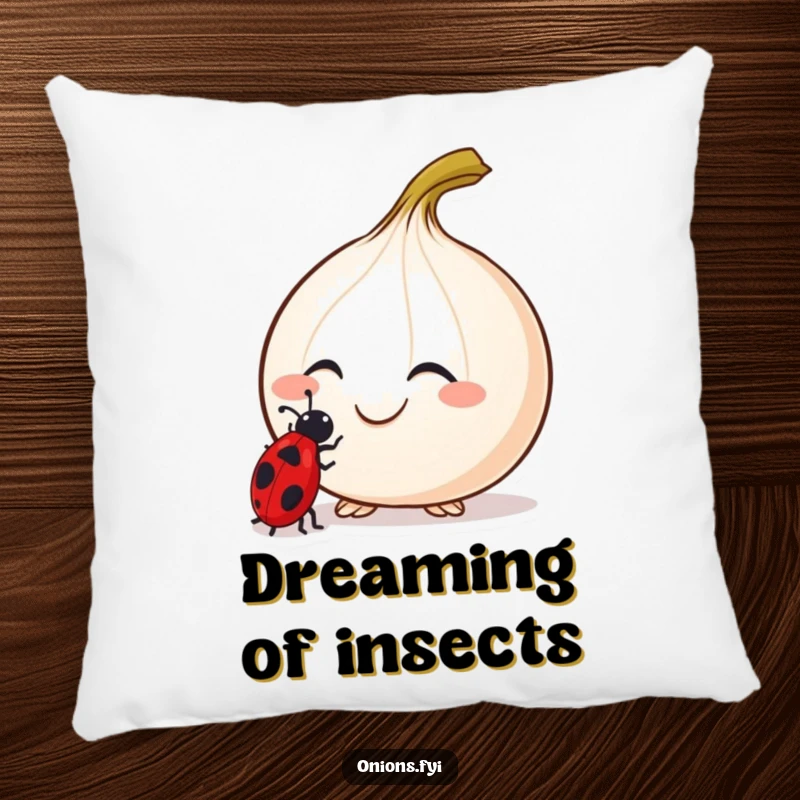Funny Curious Onion Pillow with a smiling onion and antennae examining a ladybug, cozy and charming.