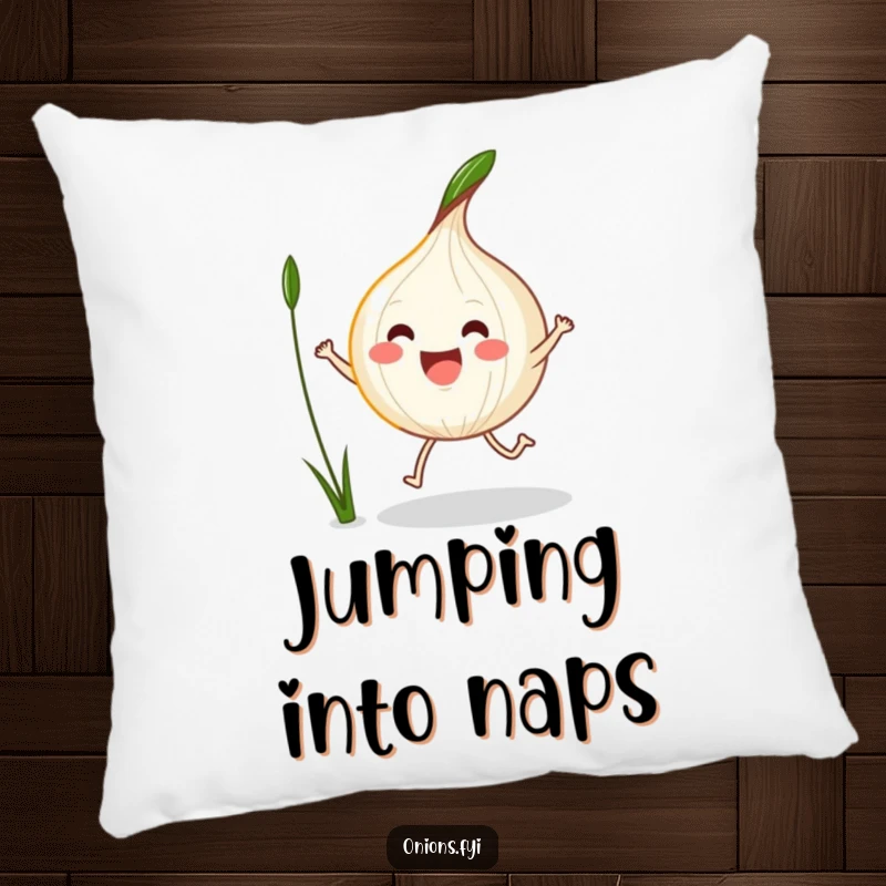 Funny Kawaii Onion Pillow with an excited onion jump-roping with a blade of grass, cozy and fun.