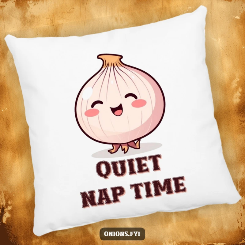 Funny Stealthy Onion Pillow with a happy onion tiptoeing stealthily on its small roots, for cozying up.