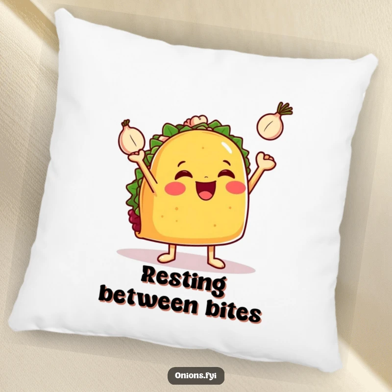 Funny taco pillow, a jubilant taco with tiny arms juggling three small onions, comfortable and amusing.