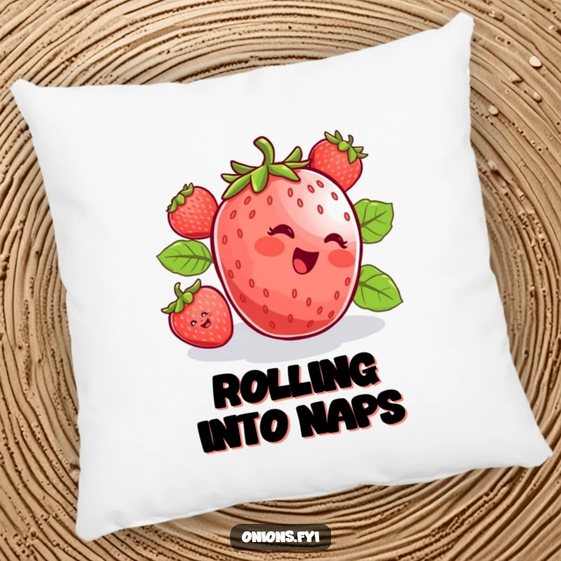 Funny pillow depicting a cheerful strawberry rolling downhill with sheer delight, offering comfort and a smile. Home decor.