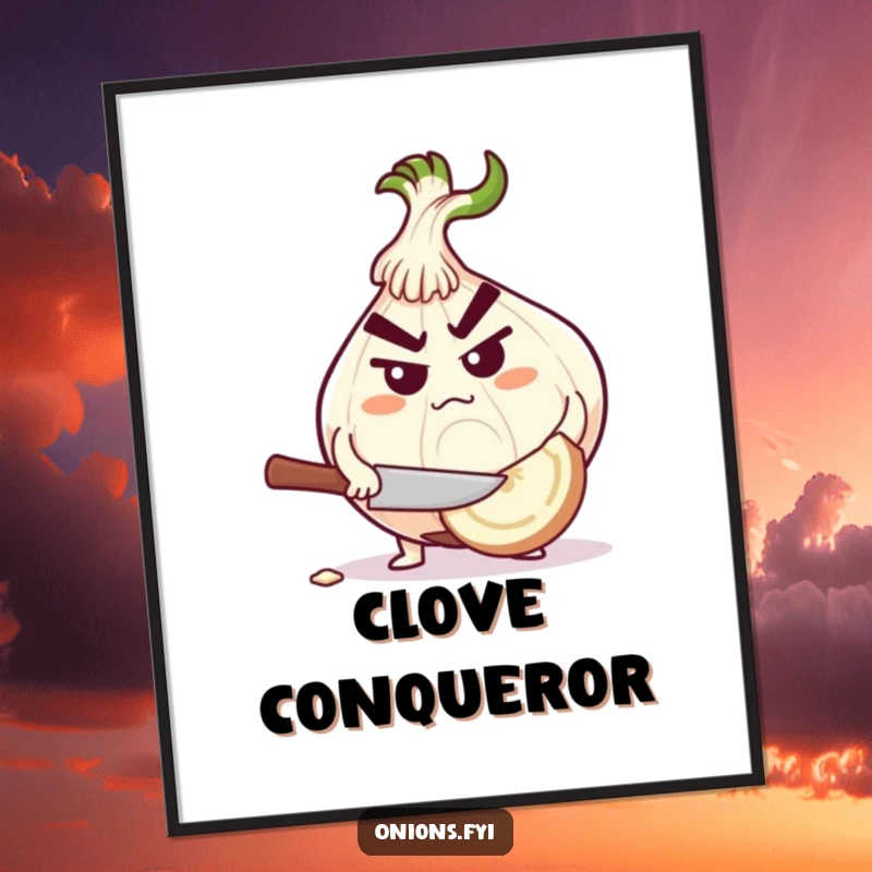 Funny determined onion character chopping a giant garlic clove, digital art print for focused, humorous decor.