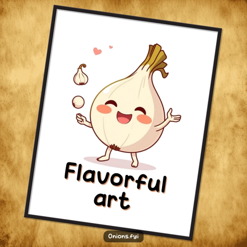 Funny digital art print of a joyful onion character juggling garlic, adding humor and charm to any room.
