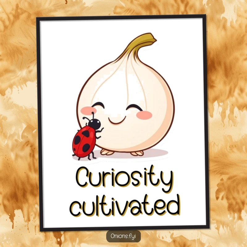 Funny Curious Onion Digital Art Print of a smiling onion with antennae examining a ladybug, for nature decor.