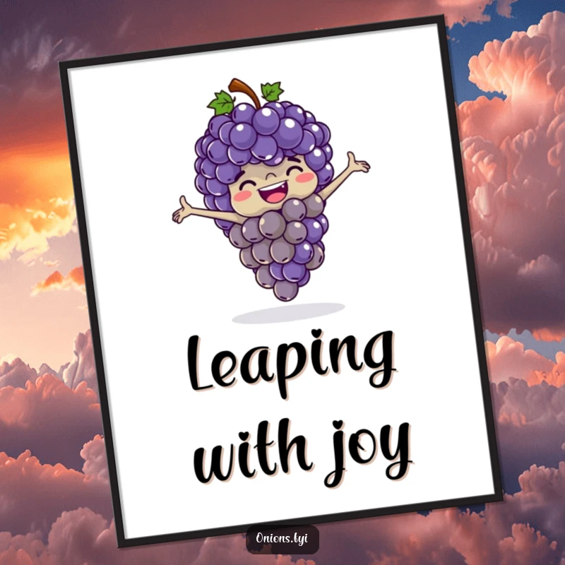 Funny grapes digital art print, a bunch of happy grapes playing leapfrog with outstretched arms, cheerful and humorous.