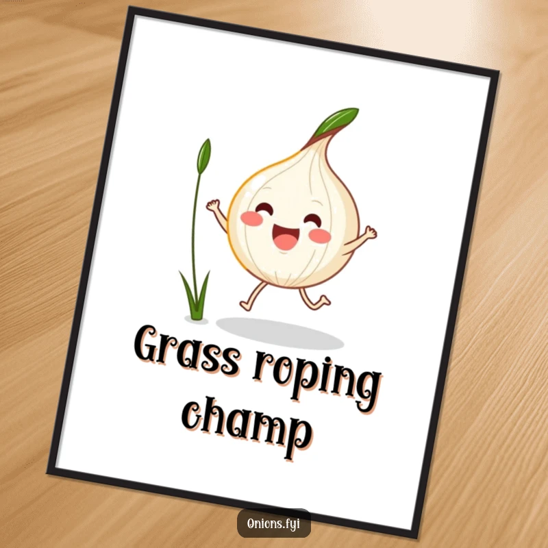 Funny Kawaii Onion Digital Art Print of an excited onion jump-roping with a blade of grass, for energetic decor.