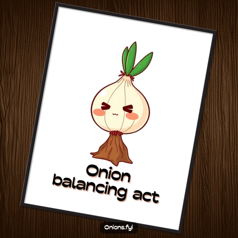 Funny digital art of a determined onion character balancing on one root, perfect for adding motivational decor.