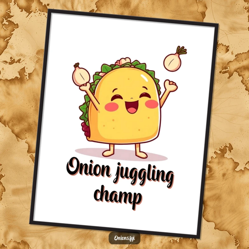 Funny taco digital art print, a jubilant taco with tiny arms juggling three small onions, festive and humorous.