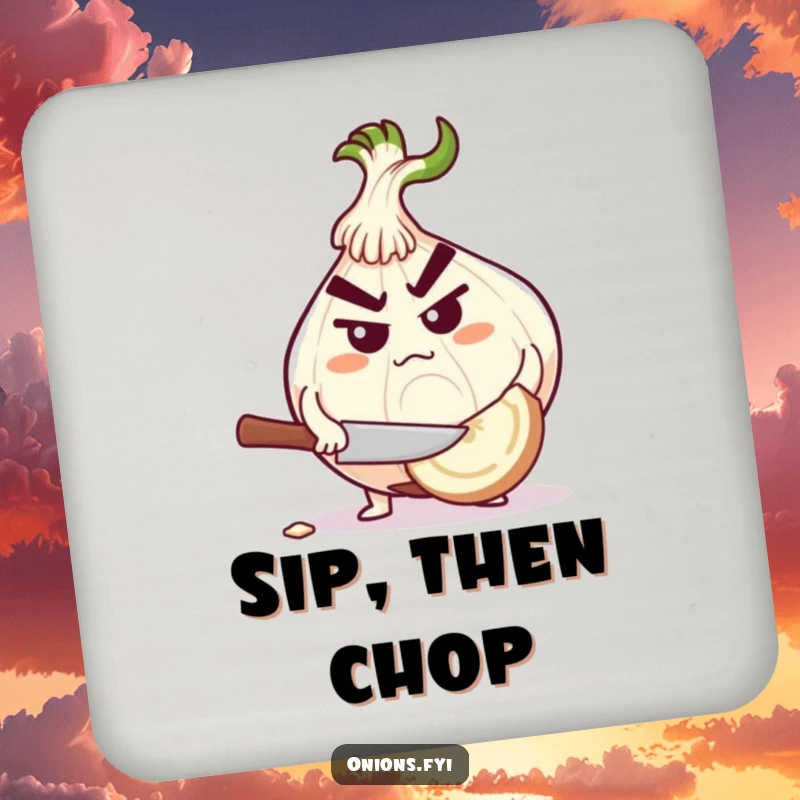 Funny determined onion character chopping a large garlic clove on coasters, for focused table protection.